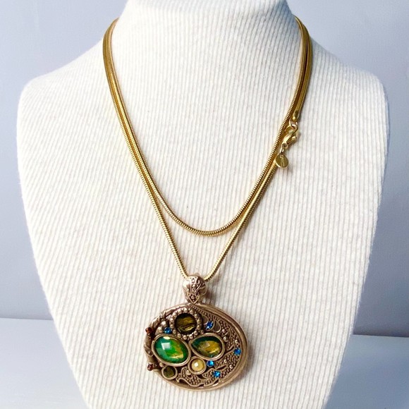 Express Pendant Necklace Gold Tone Multicolor Stone Opera Chain - Picture 1 of 11
